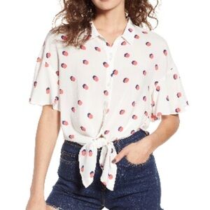 Lush Polka Dot Flutter Hem Sleeves Button Down Blouse, Size XL​​​​​​​​​​​​